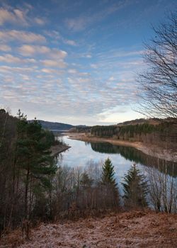 Panoramic image of Dhunn water reservoir at sunrise, Bergisches Land, Germany