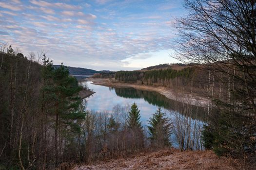 Panoramic image of Dhunn water reservoir at sunrise, Bergisches Land, Germany