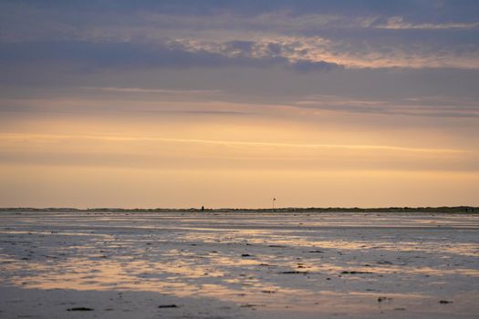 Panoramic image of the coastal landscape of Amrum at sunset, North Sea, Germany