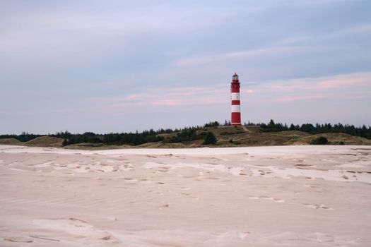 Panoramic image of the Wittduen lighthouse at sunset, Amrum, Germany
