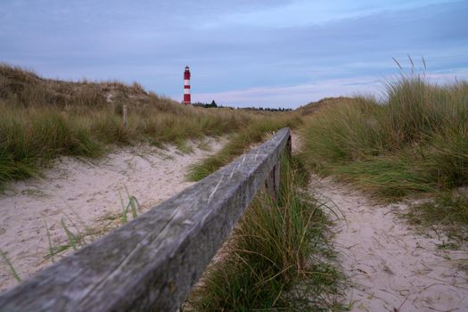 Panoramic image of the Wittduen lighthouse at sunset, Amrum, Germany