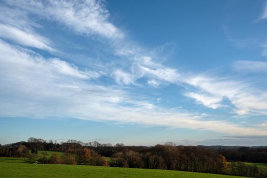 Panoramic image of scenic view on a fair weather day, Bergisches Land, Odenthal, Germany