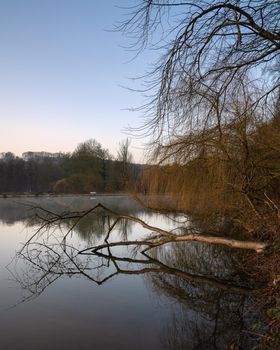 Fishpond close to Lindlar with water reflection during early morning mood, Bergisches Land, Germany