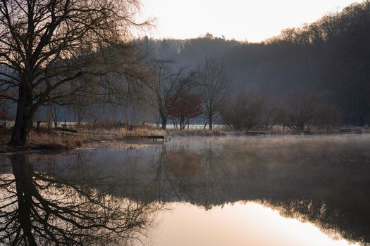 Fishpond close to Lindlar with water reflection during early morning mood, Bergisches Land, Germany