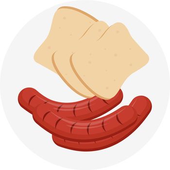 Sausage and bread, illustration, vector on white background.