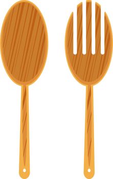 Wooden spoon and fork, illustration, vector on white background.