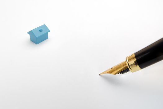 Model home real estate property rent buy sale house loan signing pen document signature icon house miniature home mortgage papers. Empty template document signature pen house contract signing papers