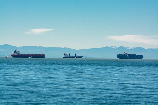 Seagoing vessels passing a harbor. Ship traffic to a port. Congestion of shipping