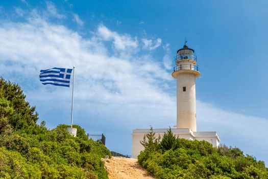 Picturesque Lighthouse on top of Cape Lefkata, Cape Doukato, on the Ionian island of Lefkada, Greece