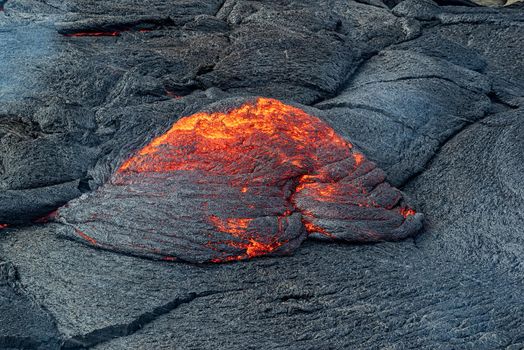 Closeup of magma in Fagradalsfjall volcanic eruptiont in Reykjanes peninsula around 40 kilometres from Reykjavik, Iceland