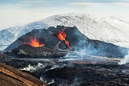 Fagradalsfjall volcanic eruption in Reykjanes peninsula around 40 kilometres from Reykjavik, Iceland