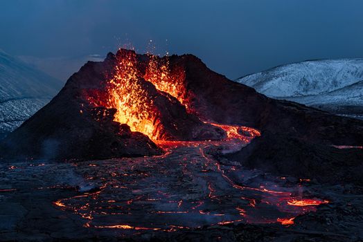 Fagradalsfjall volcanic eruption at night in Reykjanes peninsula around 40 kilometres from Reykjavik, Iceland