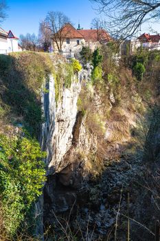 Town of Ogulin and Dobra river canyon abyss view, landscape of central Croatia