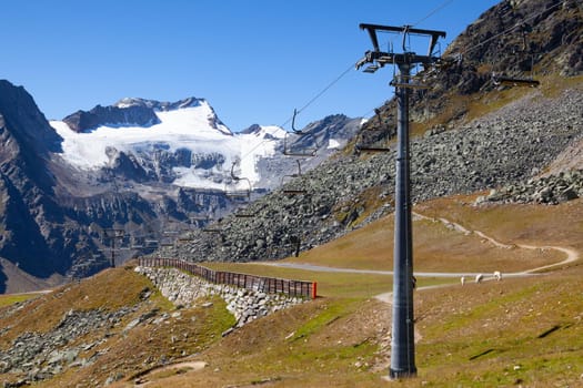 The Tiefenbach glacier located near Solden in the Otztal Alps of Tyrol, Austria. During the winter, the glacier is accessible by cable car and from spring time by car, using the Gletscherstrasse