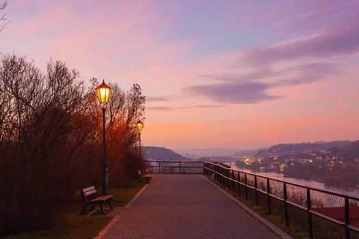 Very early morning in the Vysehrad park., Prague, Czech Republic. Vysehrad is a historic fort located in the city of Prague. It was built probably in the 10th century.