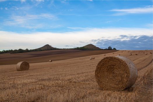 Straw bales on a stubble in Central Bohemian Uplands, Czech Republic. Field landscape bales of straw on a farm field