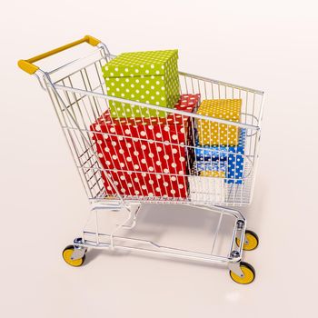 Happy New Year! Merry Christmas! Choosing a Christmas or New Year Gift,  Closeup Of A Shopping Cart With Gifts, Family Christmas Shopping, Christmas Tree Presents In Shopping Basket, Christmas Sale