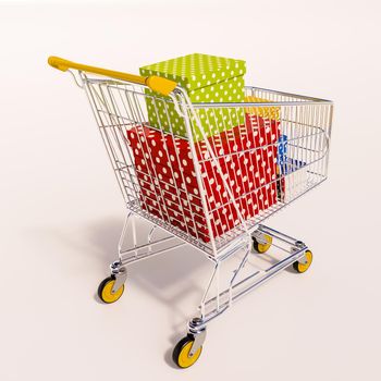 Happy New Year! Merry Christmas! Choosing a Christmas or New Year Gift,  Closeup Of A Shopping Cart With Gifts, Family Christmas Shopping, Christmas Tree Presents In Shopping Basket, Christmas Sale