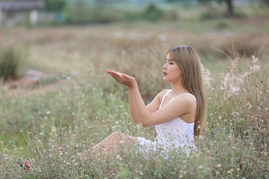 A beautiful woman with long hair in a dress sitting on a meadow and flowers in the evening light.