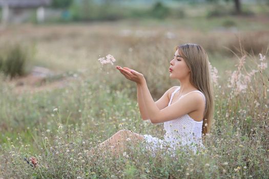 A beautiful woman with long hair in a dress sitting on a meadow and flowers in the evening light.