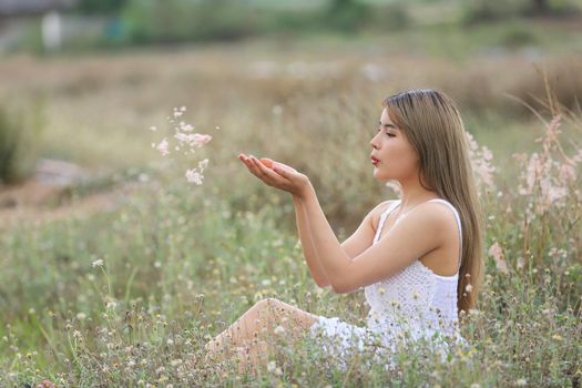 A beautiful woman with long hair in a dress sitting on a meadow and flowers in the evening light.