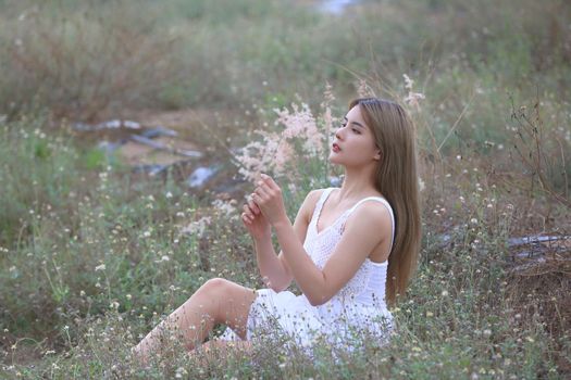 A beautiful woman with long hair in a dress sitting on a meadow and flowers in the evening light.