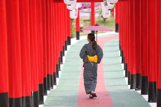 woman in kimono holding umbrella walking into at the shrine red gate, in Japanese garden.