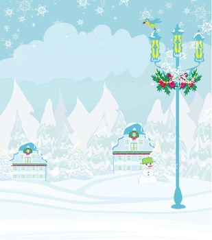 winter city landscape - illustration with bird, houses and snow