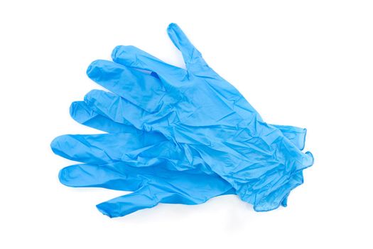 Blue latex medical and laboratory gloves isolated on white background