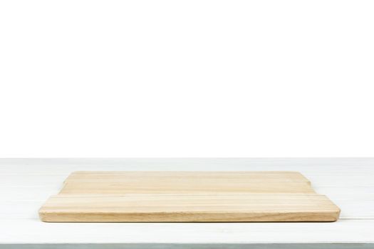 Cooking template - isolated wooden white table with empty cutting board. PNG file with transparent background.