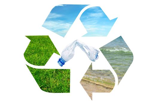 Composite image of global environment conservation - plastic garbage bottle inside recycle sign
