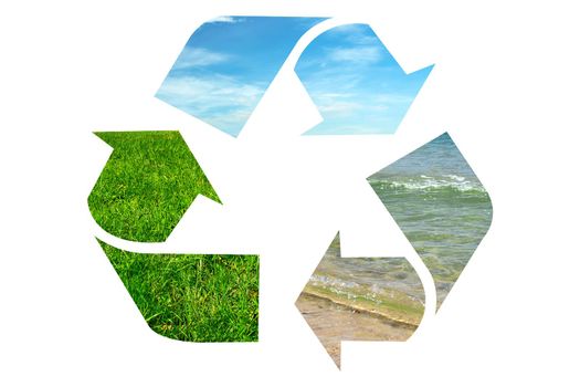Composite image of global environment conservation - recycle sign with sky, green earth and water.