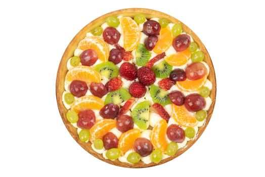 Top view of a fresh homemade multi-fruit tart cake isolated on a white background (high details).