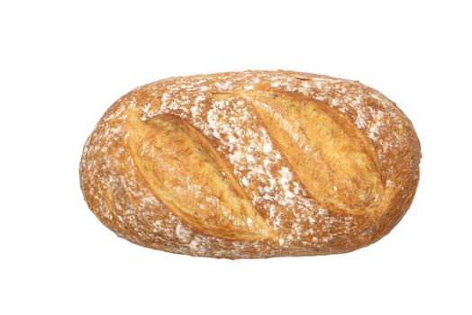 Top view of a fresh loaf bread isolated on a white background in close-up ( high details)