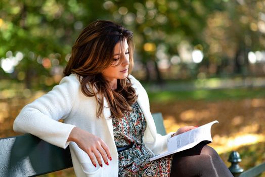 Beautiful young woman sitting on a bench in the park and reading a book on a sunny autumn day.