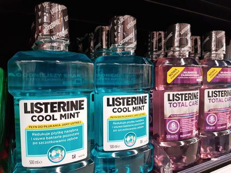 Nowy Sacz, Poland - November 29, 2018 : Various of Listerine product displayed at supermarket. Listerine is an American brand of antiseptic mouthwash product.