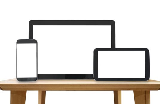 Template for responsive design presentation - digital tablet and smartphone in various orientation on a wooden table