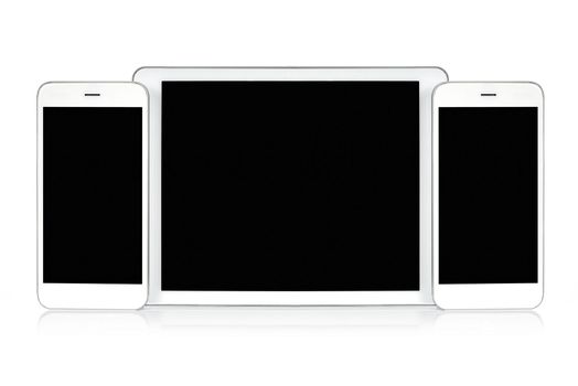 Mockup for responsive design presentation - white digital tablet and smartphones with blank screen.