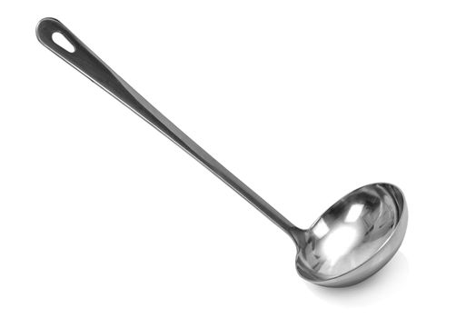 Metal kitchen soup ladle isolated on white background in close-up