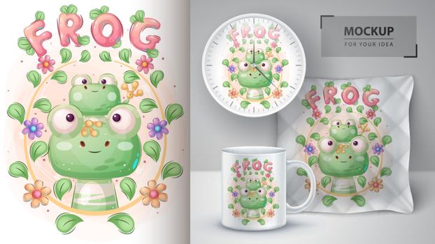 Cute frog family poster and merchandising. Vector eps 10