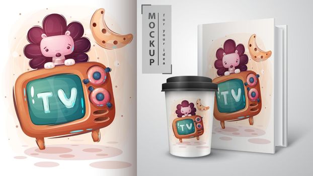 Cute hedgehog television poster and merchandising. Vector eps 10