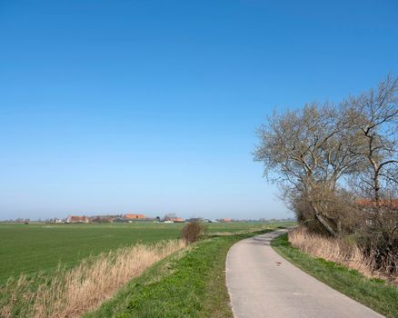 country road and farms on countryside of walcheren near middelburg in dutch province of zeeland in the netherlands