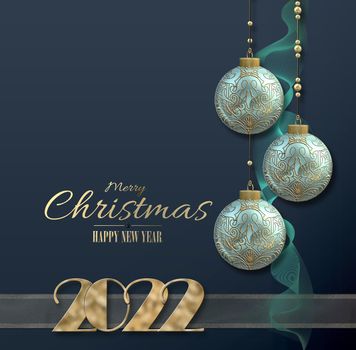 New Year 2022, Christmas card. Turquoise blue balls baubles, gold 3D digit 2022, wave on dark blue. Text Merry Christmas Happy New Year. 3D illustration