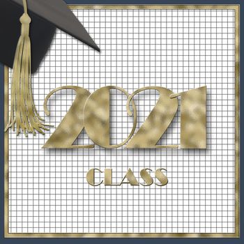 2021 class. Graduation Graduation 2021 cap. Class of 2021 year. Education concept, isolated. Place for text, party high school, college, graduate invitations, banner. 3D illustration
