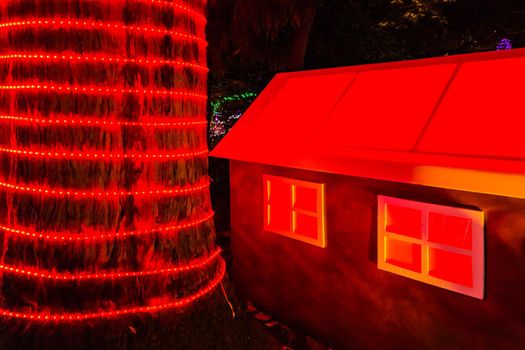 Decorative house beside redwood tree with garland of red lights