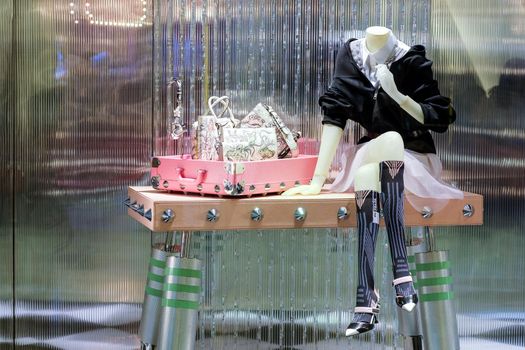 Bangkok-Thailand DEC 21 2017: PRADA Leather handbag and clothing, a new collection for lady in showroom on PRADA Shop at Siam Paragon shopping center