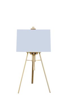 Wooden easel with blank plastic board for write text and draw picture, isolated on white background