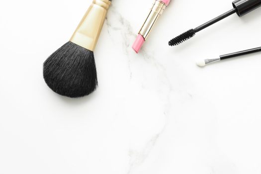 Make-up and cosmetics products on marble, flatlay background - modern feminine lifestyle, beauty blog and fashion inspiration concept