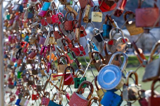 Salzburg - April 4, 2021: locks on the bridge, wedding tradition.
