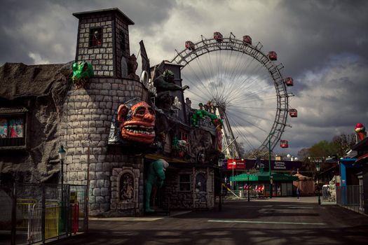 Wien - April 3, 2021: empty amusement park prater during lockdown due to coronavirus.